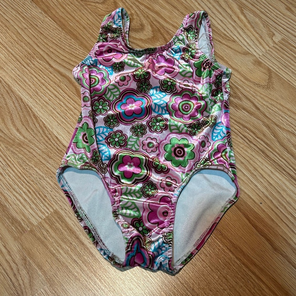 Girls Retro Flower Print One Piece Leotard Kids Size S Pink Green Blue